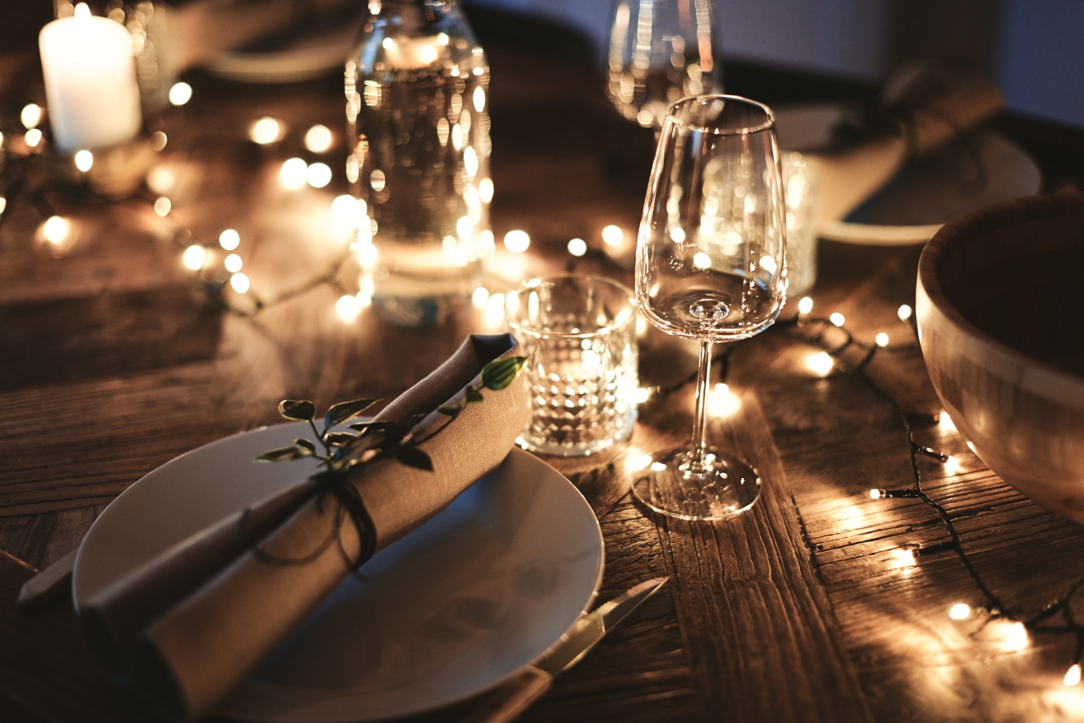 Dining Table Decorated for an Evening Dinner Party